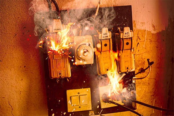 old fuse board on fire